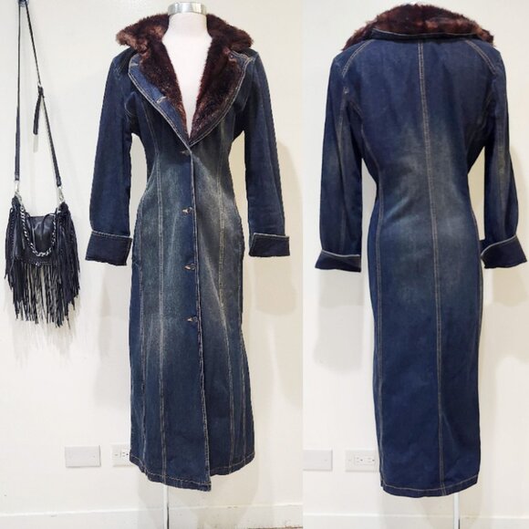 💋🦋UBER GORGE🦋 💋Maxi Sanded Dark Wash DenimTrench with Vegan Mink Fur Collar - Picture 2 of 10